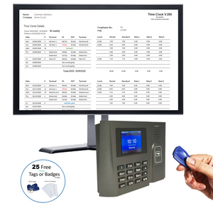 Proximity Time Clock | GeoProx 200NT Proximity RFID badge time clock with software inc vacation, sickness | NO SUBSCRIPTIONS. Warranty and 90 days FREE Support. 4 pay rates. Includes 25 free tags or badges.