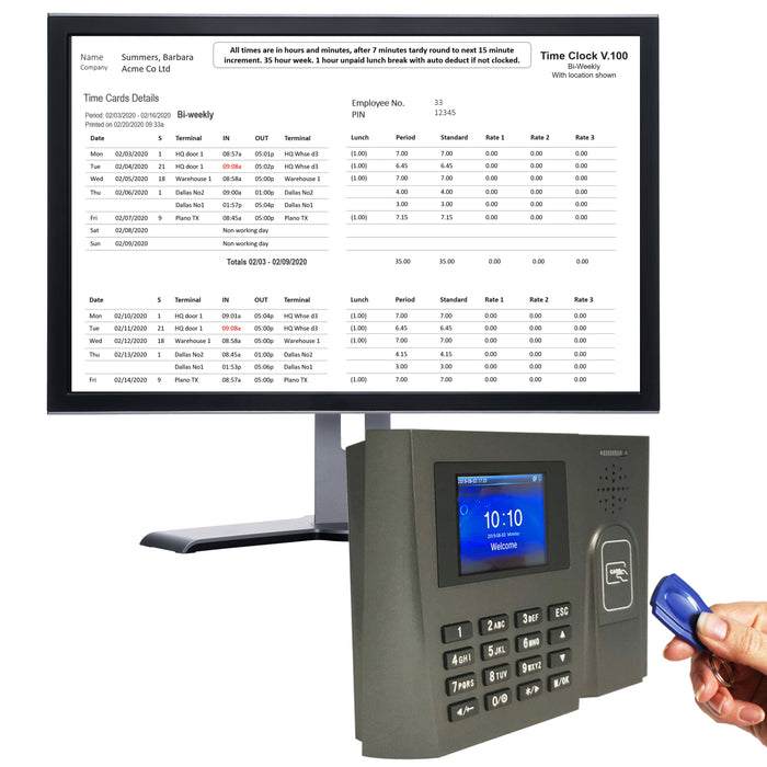 Proximity Time Clock | GeoProx 100NT | Proximity RFID tag or badge | Accurate and Reliable Software, 90 days FREE Support. 4 pay rates. No subscriptions. Includes 25 free tags or badges.
