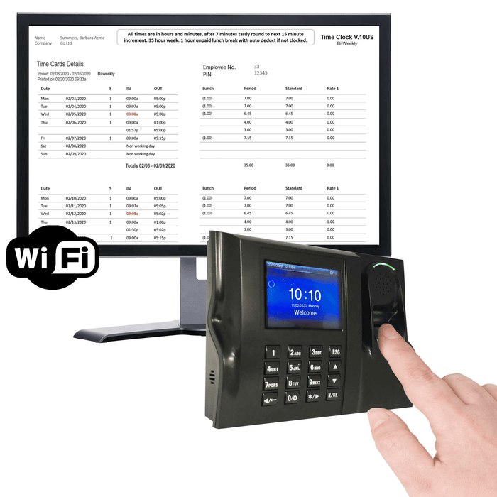 GeoTime 10 Time Clock with Wifi. Biometric fingerprint - eliminates ‘buddy punching’. Accurate and Reliable Software. FREE Export to payroll. NO SUBSCRIPTIONS NEEDED. 1 year warranty. 90 days FREE Support.