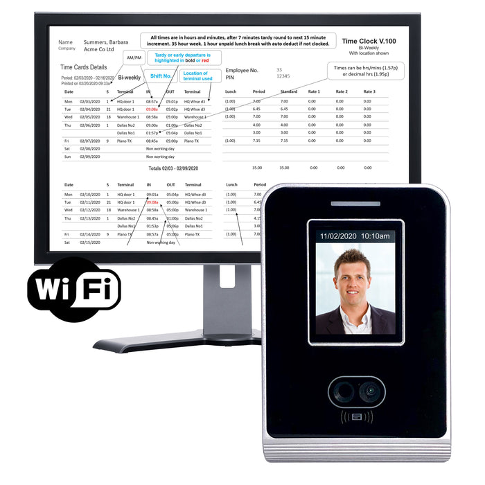 Time Clock WIFI Facial Recognition | GeoFace 100 WIFI | Accurate and Reliable. FREE Live Attendance Dashboards, Payroll Export. 90 days FREE Support. NO SUBSCRIPTIONS.