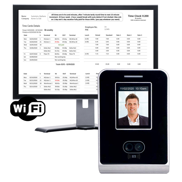 Time Clock Face | Geoface 200 WIFI | Accurate, reliable, Inc Vacation & Sickness, FREE Payroll Export, Live Attendance Dashboards. 90 days FREE Support. NO SUBSCRIPTION.