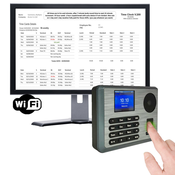 Biometric Time Clock WIFI | PalmTrac 200 Wifi | Hand | Prox | Fingerprint | PIN | with Vacation, Sickness, Reliable and accurate | 1 Year warranty | 90 days FREE Support | No subscriptions | Order RFID tag/badges in Accessories