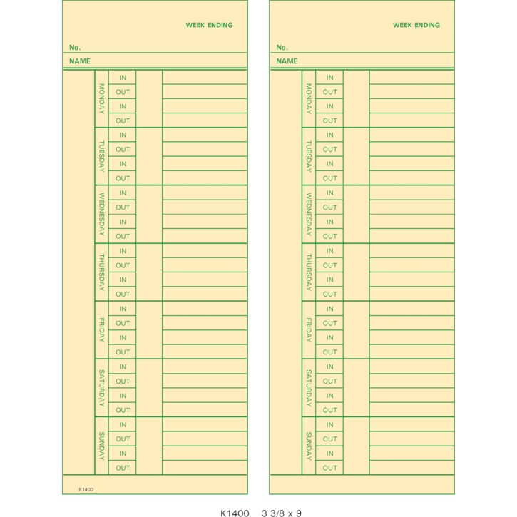 K1400-2 Time Cards (pack Of 1000's) – Time Systems Inc