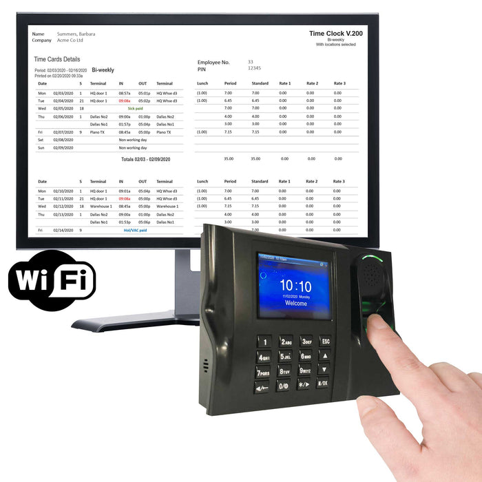 Biometric Time Clock | Fingerprint | Geotime 200 WIFI With Vacation and Sickness Module. FREE Export to payroll. 90 days FREE Support. No monthly fees. You own it. 1 year warranty.